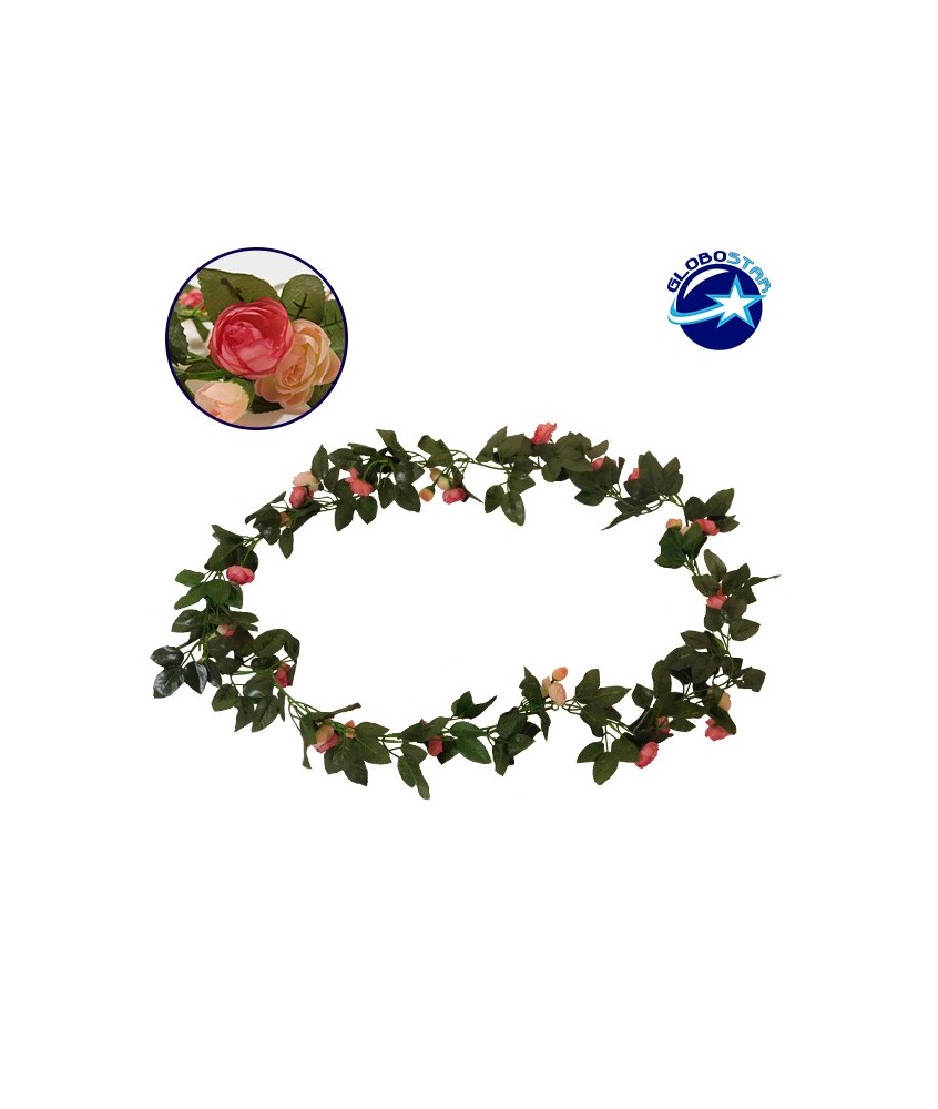 GloboStar® 09009 Τεχνητό Κρεμαστό Φυτό Διακοσμητική Γιρλάντα Μήκους 2.2 μέτρων με 32 X Μικρά Τριαντάφυλλα Σομόν Κοραλί